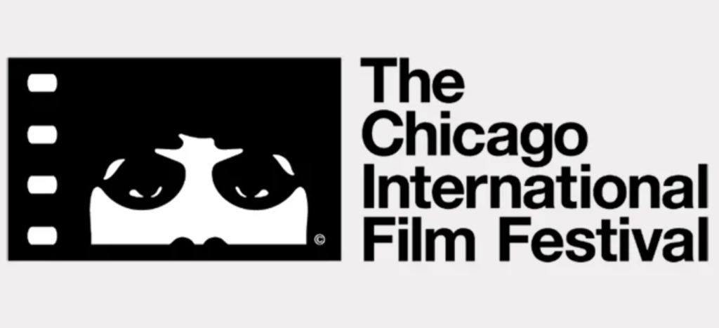 Logo with a black-and-white image of a person peering through a film roll, and black text on a gray background: The Chicago International Film Festival