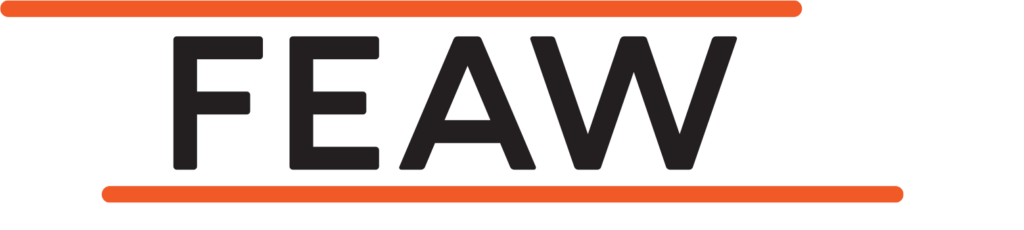 Logo with black text on white background, with two asymmetrical orange horizontal lines on top and bottom, reading: FEAW