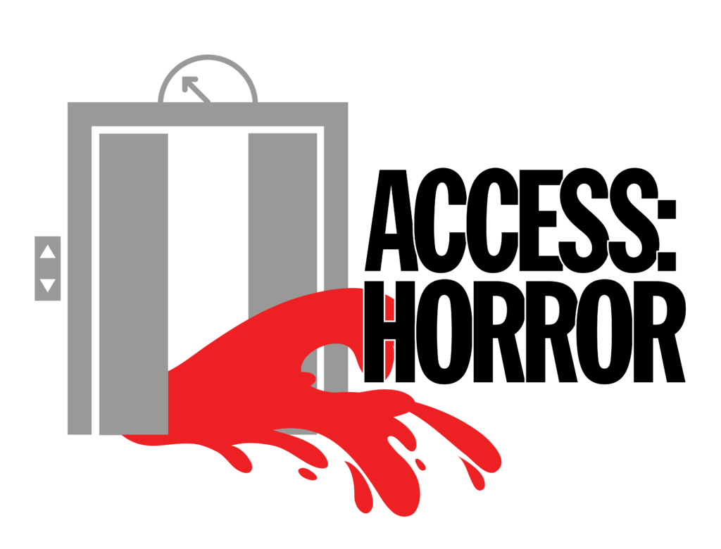 Logo with illustration of elevator with red blood spilling out of it, with text: "Access Horror"