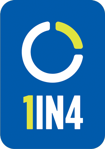 A tall blue rectangle, like the universal accessibility sign, with a circle outline in the center; 25 percent of the circle is colored in lime green, 75 percent is colored in white. Below the circle, says "1IN4." Number 1 is in lime green color and 1IN4 is in white.