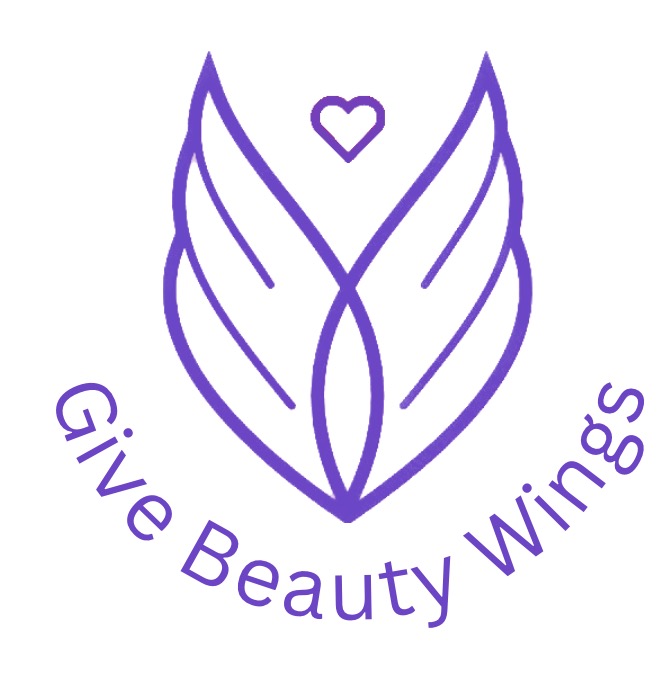 Purple line graphic shaped as wings with a heart halo, reading: Give Beauty Wings