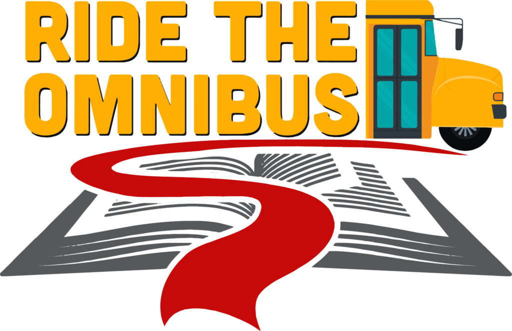 Yellow text  shaped like a school bus, with a red road and map below it, reading Ride the Omnibus